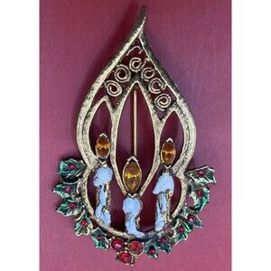 Beatrix Brooch 3 Candles Christmas Red Rhinestones Gold Tone Filigree 2.5”